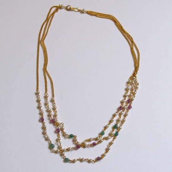 Multi-Strand Gold Necklace with Pearls Jade and Rose Quartz - Picture 1 of 3